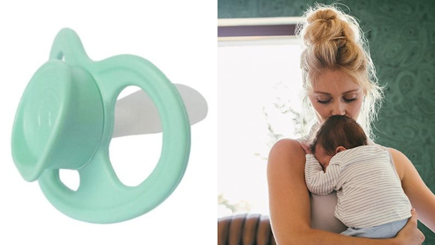 Split image of a mother and her baby and the Qudo Soother