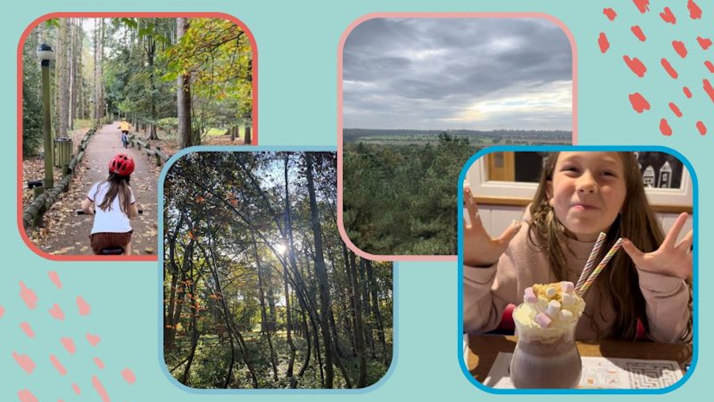 A selection of images on a green background with pictures of landscapes and a girl at Center Parcs Elveden
